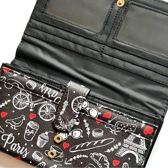 🍒NWT Jane & Berry Paris Print Large Accordion Wallet. Black/White/Red - Picture 7 of 11